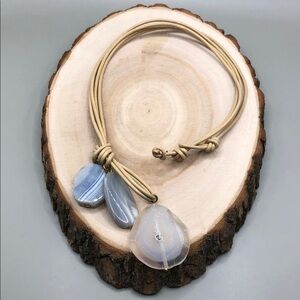 Artisan long waxy cord leather necklace lace agate druzy stone pendant.